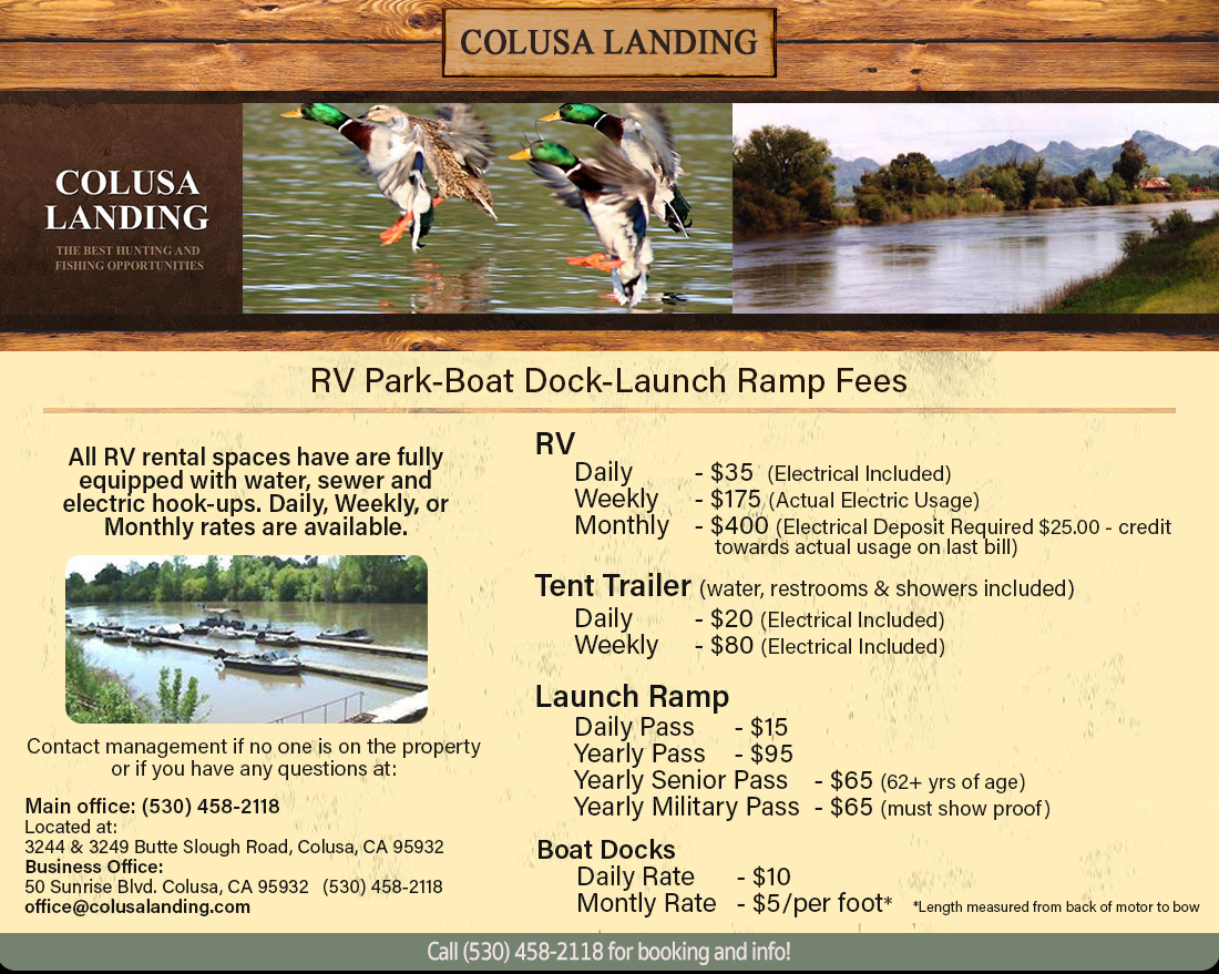 Colusa Landing & RV! Rentals Available!